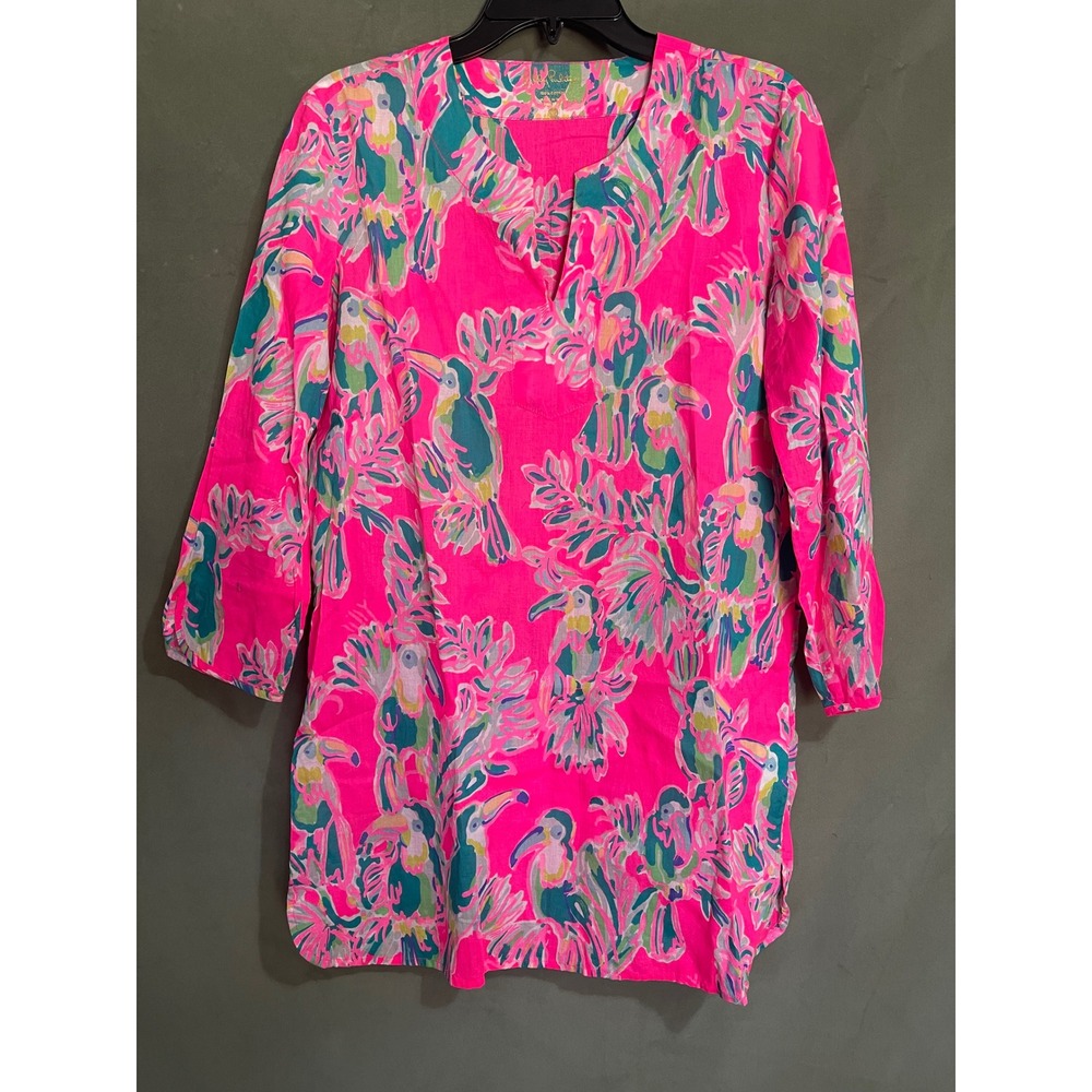 Lilly Pulitzer Pink Tropical Toucan Print Cotton Tunic Top Split Neck XS 290